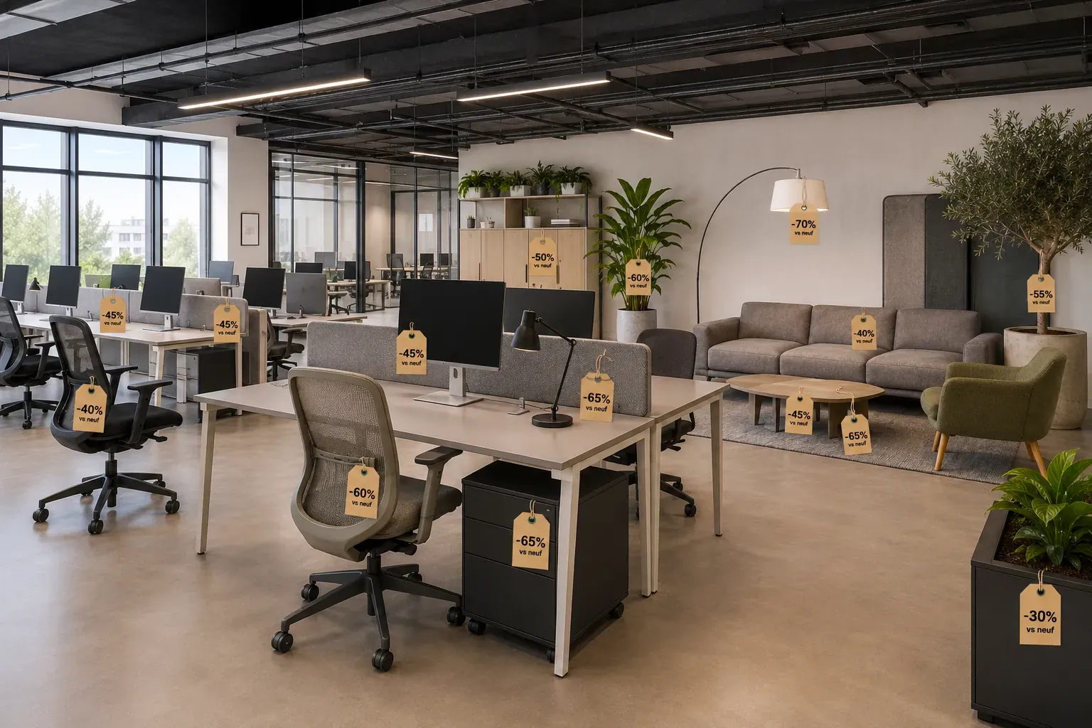 Open space professionnel aménagé avec des bureaux, fauteuils, caissons et lampes reconditionnés, étiquetés -40 % à -70 % par rapport au prix neuf